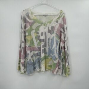 Kinross‎ Womens 100% Linen V Neck Top Size L Artsy Coastal Watercolor Resort